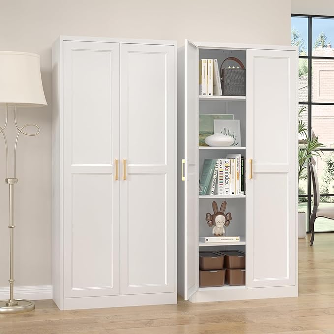 Kitchen Pantry Cabinet,71?쓂hite Metal Pantry Storage Cabinet with Doors and 4 Adjustable Shelves,Kitchen Cabinet with 2 Gold Handles,Tall Cabinet for Livingroom,Pantry, Bathroom,Kitchen