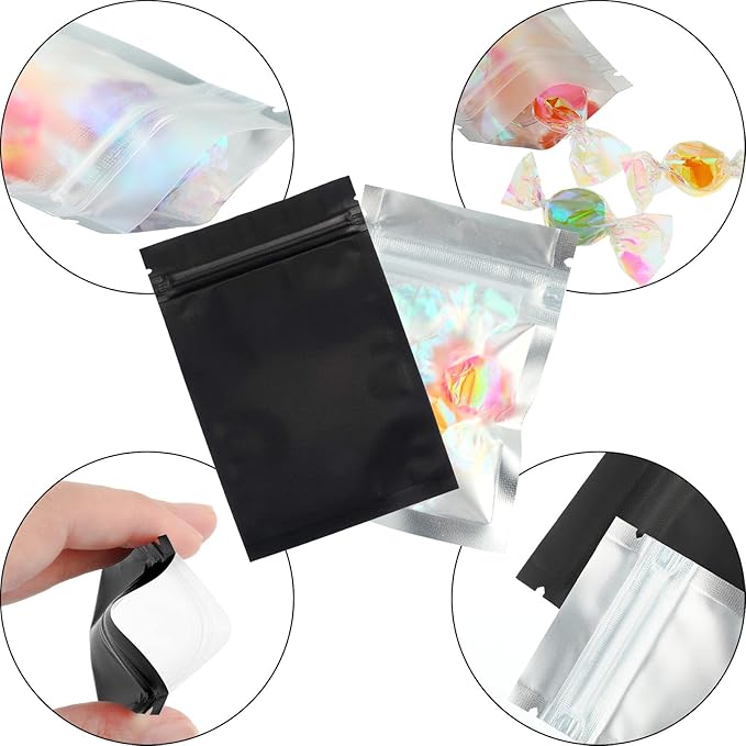 Blulu 100 Pieces Resealable Foil Proof Bags Scent Proof Flat Pouch Clear Smell Sealable Packing Bags Iridescent for Food Storage Snack Jewelry(2 x 3 Inches,Black)