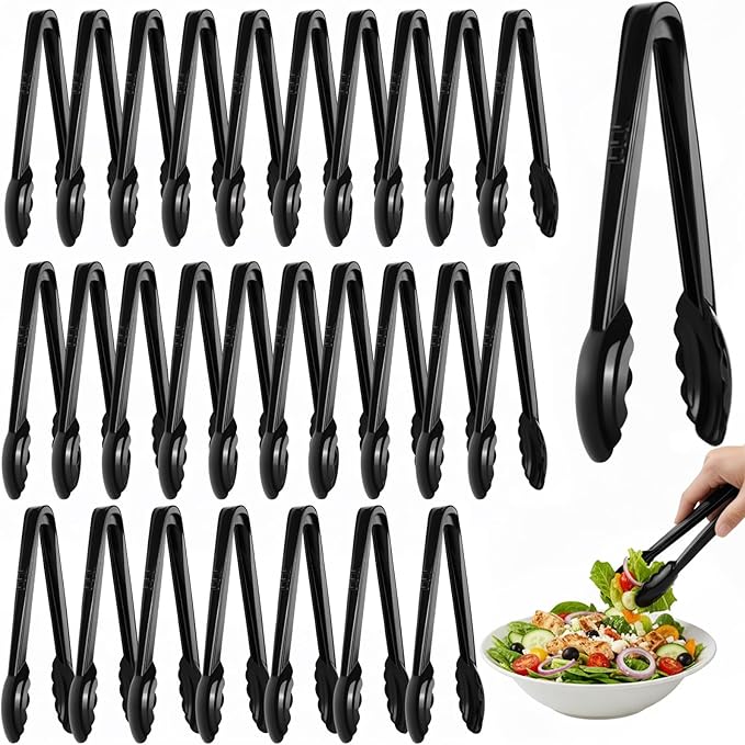 40 Pcs Plastic Tongs for Serving Bulk, 9 Inch Plastic Serving Tong Disposable, Black Kitchen Utensils Heavy Duty Salad Tongs for Food, Buffets, BBQ, Kitchen, Catering, Events and Parties