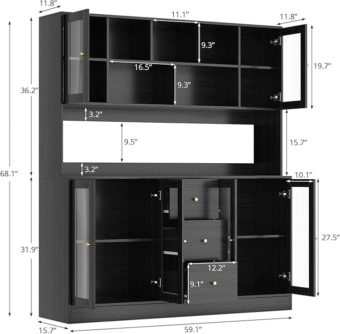 VOWNER Large Kitchen Hutch Cabinet, Kitchen Pantry Storage Cabinet with 6 Glass Doors, 3 Drawers & Microwave Shelf, Freestanding Cupboard for Open Storage (Black)