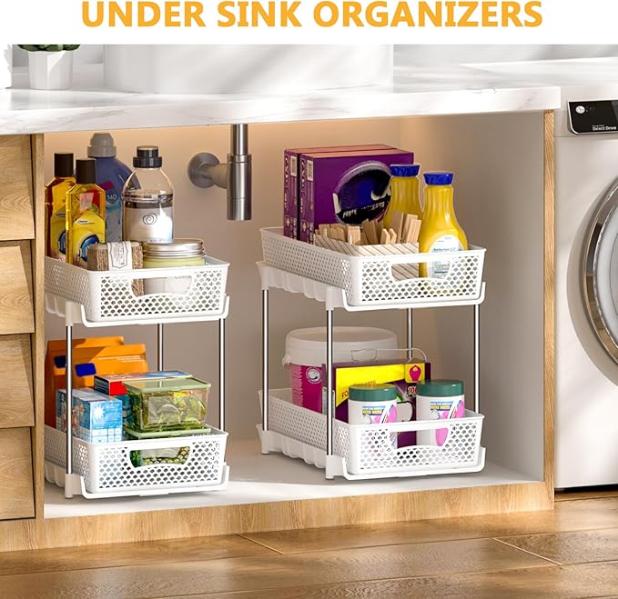 2 Pack Pull Out Bathroom Organizers and Storage, 2 Tier Stackable Under Sink Storage Organizer for Bathroom, Kitchen Cabinet, Pantry, and Medicine Holder, Organization and Storage - White