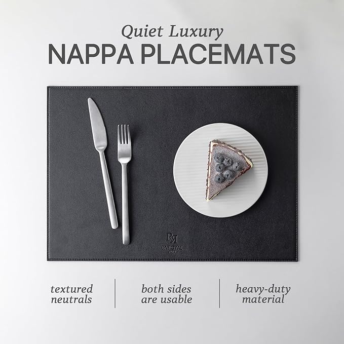 Baroyal Faux Leather Placemats Set of 4 Vinyl Washable Wipeable Table Mats for Kitchen Dining Table Heat Resistant Waterproof Modern Indoor/Outdoor Placemats Non-Slip Easy Clean Place Mats (Black)