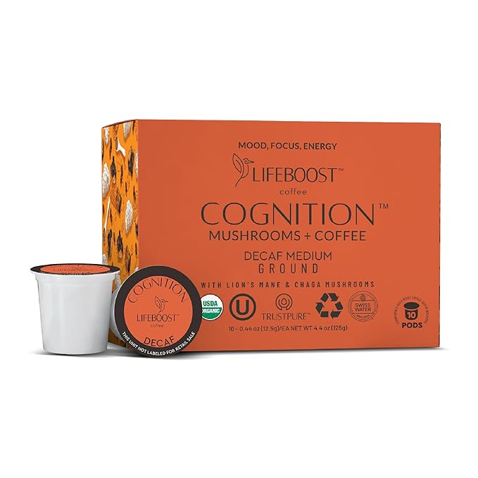 Lifeboost Cognition Decaf Mushroom Coffee Pods ??Organic Low Acid Decaf K-Cups with Lion?셲 Mane & Chaga Adaptogens ??Nootropic Coffee for Focus, Energy & Immune Support ??10 Count