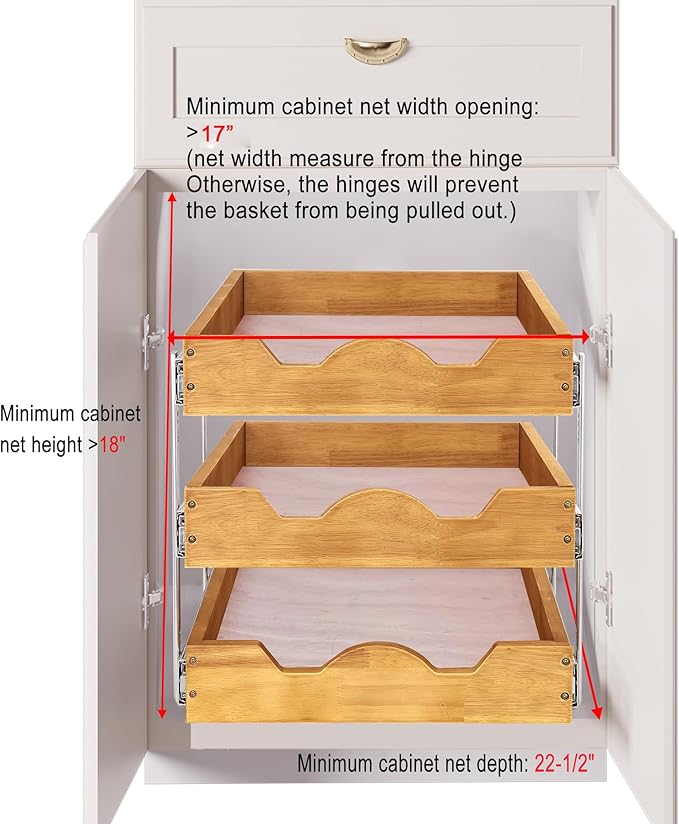 DINDON 3 Tier Pull Out Cabinet Organizer 17?쓂 X21?쒭 Slide Out Shelves With Shelf Liner for Kitchen Wood Roll Out Drawers Pantry Organization