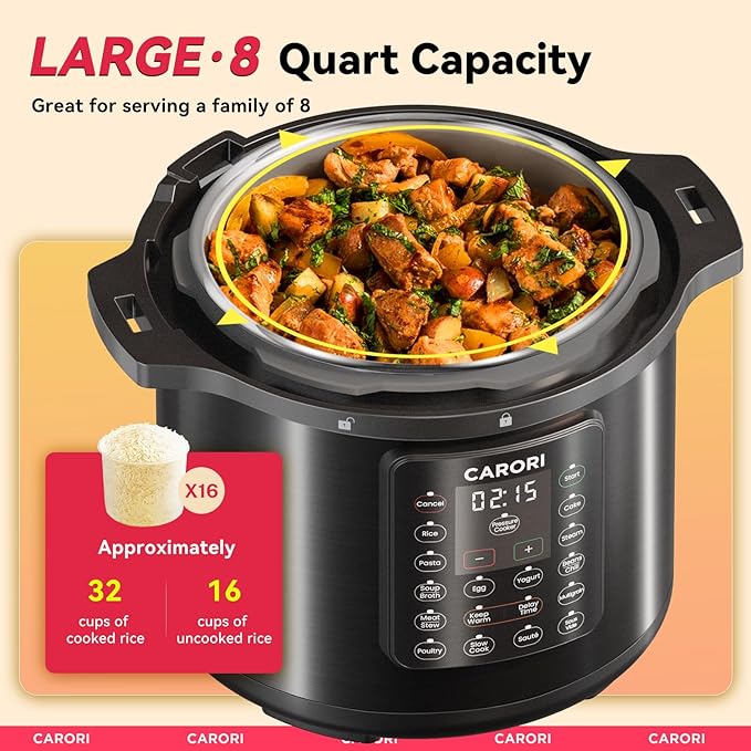 1200W 12-in-1 Electric Pressure Cooker 8Qt, Stainless Steel Pressure Cooker, Slow Cook Rice Cooker Steamer Saut챕, Yogurt Maker, Warmer & Sterilizer with Recipe, Safer Venting Design, Black