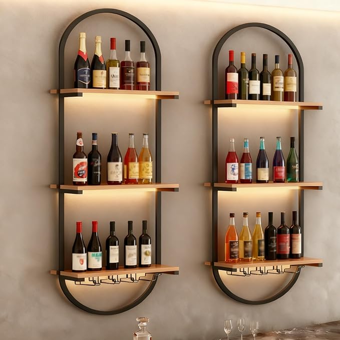 Wall Mounted Wine Rack, Black Industrial Floating Shelves, 3-Tier Bottle Display Glass Holder, for Home Bar Dining Room, Kitchen, Living Room (Black, 1PCS)