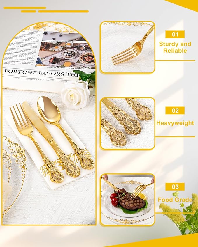 YOUBET 700PCS Clear Gold Plastic Plates - Elegant Gold Plastic Dinnerware Set Include 200 Disposable Plates, 300 Heavy Duty Silverware, 100 Cups, 100 Napkins for Wedding Party