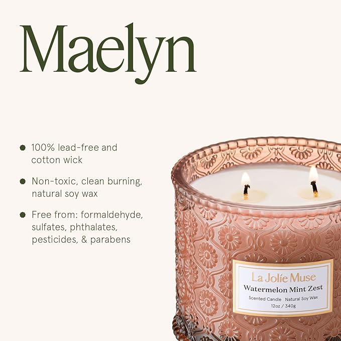 LA JOLIE MUSE Watermelon Mint Zest Candle - Eucalyptus, Sage, Lavender | 12 oz Large 2-Wick Soy Wax Candle | 60 Hours Clean Burn | Gift-Ready for Hosts & Gatherings | Elegant Home D챕cor