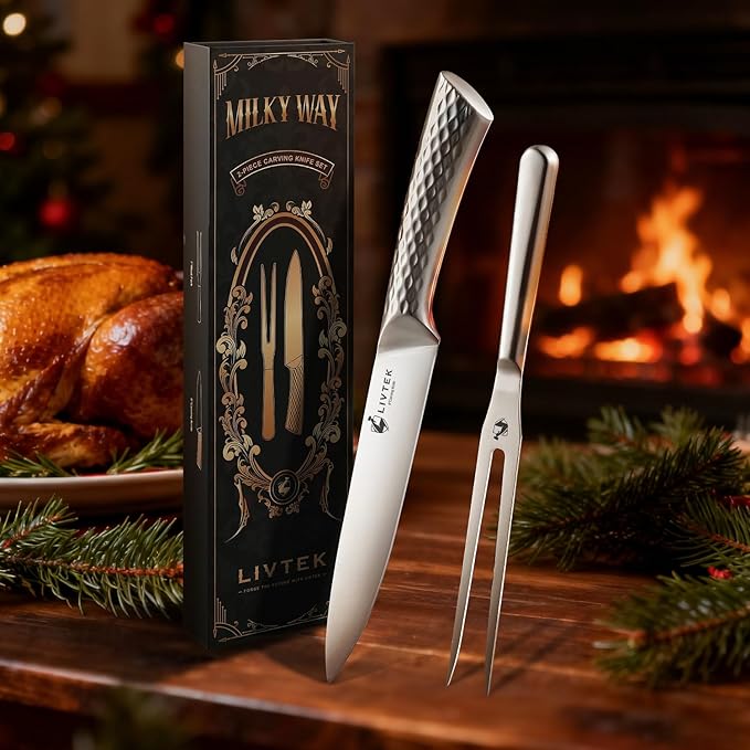 Livtek Carving Knife and Fork Set 8" Slicing Knife and 7" Fork - German High Carbon Stainless Steel - Brisket Slicer, Turkey Carving, BBQ Tools - Thanksgiving Dinner Gift Set