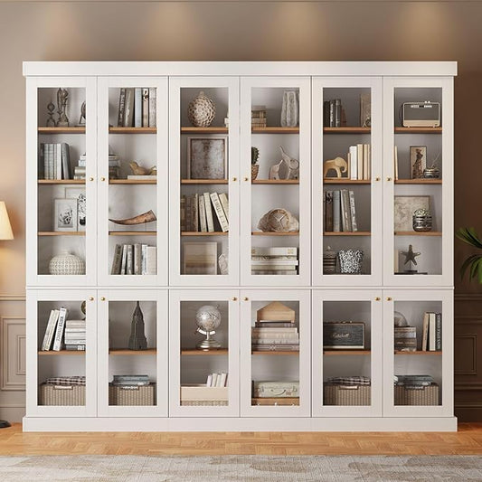 70.8" Bookshelf with Glass Doors, Farmhouse Modular Bookcase with 6-Tier Adjustable Shelves, Large Storage Cabinet for Living Room & Home Office, Set of 3, White