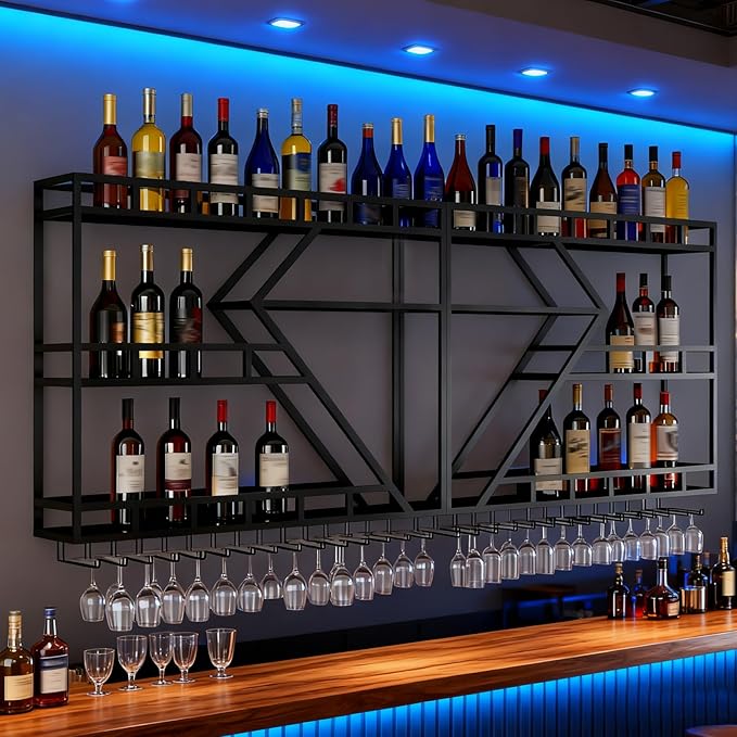 79in Large Wall Mounted Wine Rack, 4 Tier Modern Diamond Shaped Floating Bar Wine Storage Display Shelf, Metal Industrial Liquor Bottles Shelves Wine Glass Holder (Black, 3 Tier,79in)