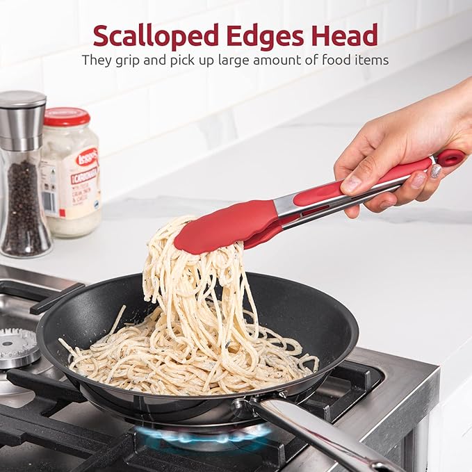 600쨘F Heat Resistant Kitchen Tongs: U-Taste 9 inch Silicone Cooking Tong with Firm Sealed Non Stick Rubber Tips & Silicon Coated 18/8 Stainless Steel Handle & Smooth Locking for Serving Salad (Red)