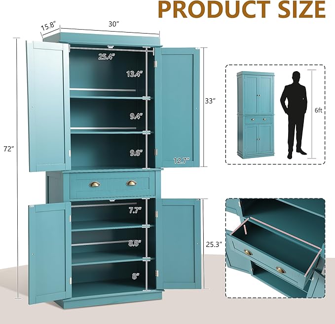 72" Kitchen Pantry Storage Cabinet, Freestanding Cupboard with 2 Cabinets, Drawer and Adjustable Shelves, Tall Storage Cabinet for Kitchen, Dinning Room, Living Room (Lake Blue)
