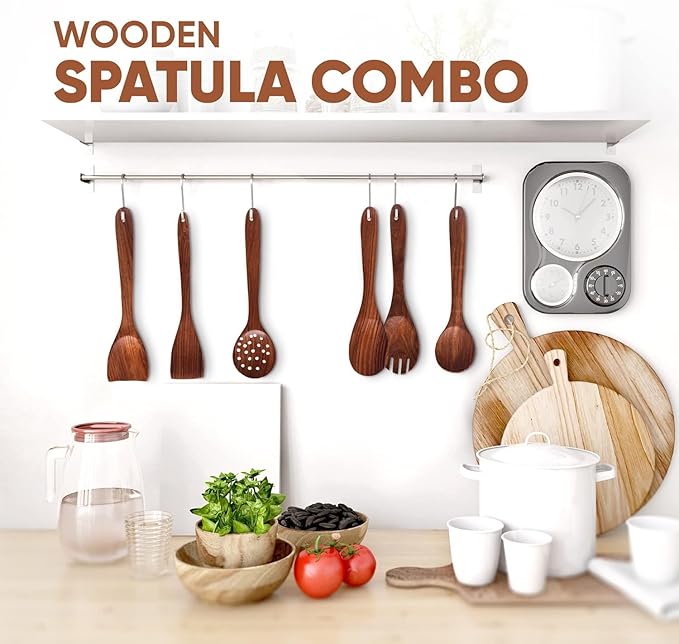AURUM Wooden Spatula Spoons Set for Cooking & Serving | Teak Wood Spatulas Utensil Set for Nonstick Pans & Cookware (Set of 3)