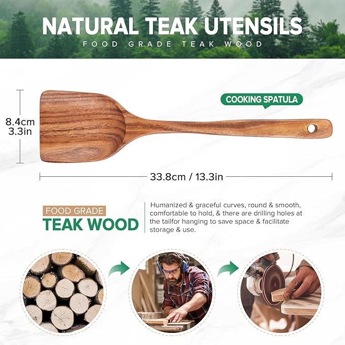 Teak Wood Spatula for Cooking, Wooden Kitchen Cooking Utensil, Large Long Handle Solid Wok Spatula Flipper with Raised Sides for Serving Scooping Frying Mixing Stirring Eggs Beans,Non-Toxic,13.4??1Pk