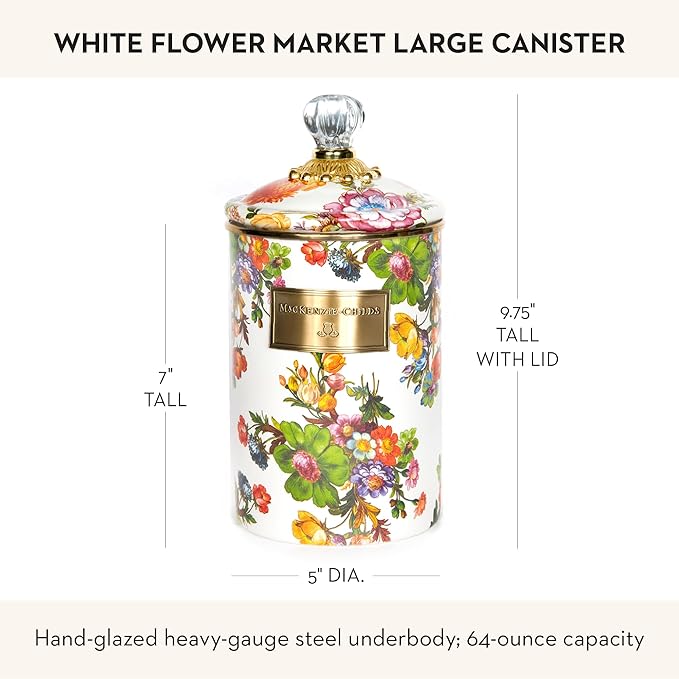 MACKENZIE-CHILDS Large Enamel Canister, Kitchen Storage Container for Flour and Sugar, 1.89 Liters, White Flower Market