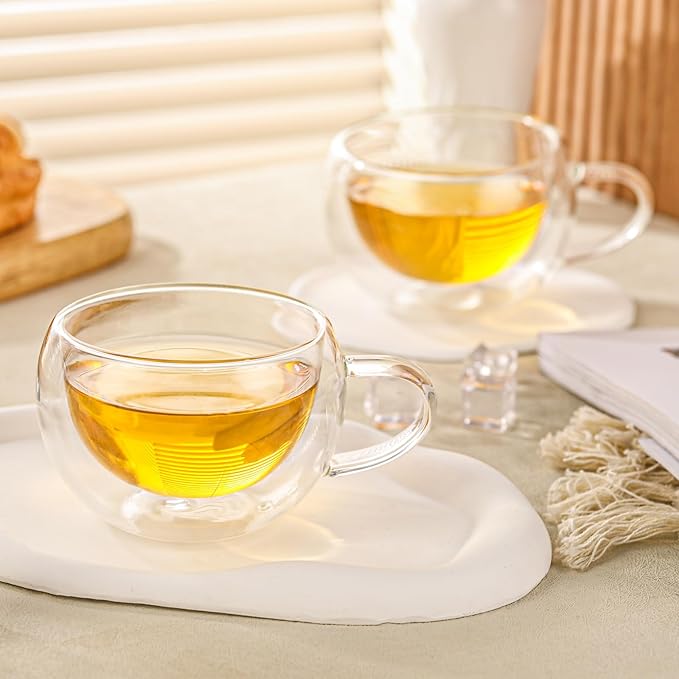 Double Wall Insulated Glass Tea Cups Set of 2, Clear Borosilicate Espresso Shot Cups for Espresso Machine, Glass Teacups Coffee Mugs with Handle for Cappuccino Latte, 7OZ/200ML