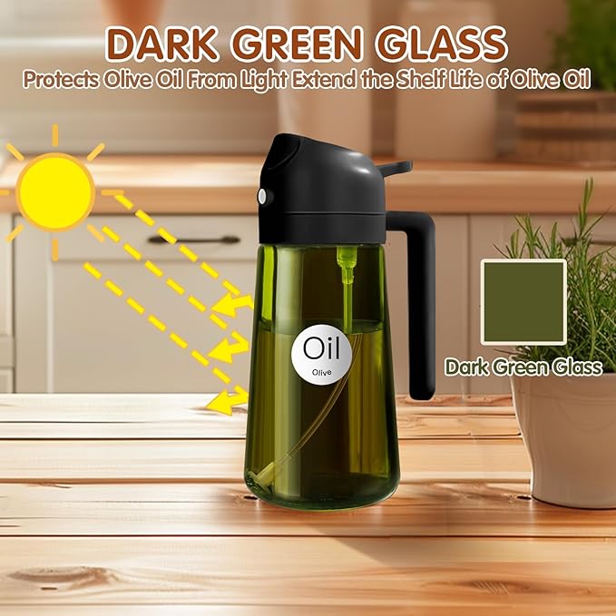 YARRAMATE 16oz/470ml Light-Blocking Dark Oil Sprayer for Cooking, 2 in 1 Olive Oil Dispenser Bottle for Kitchen, Premium Dark Green Glass Oil Bottle, Food-Grade Oil Mister for Air Fryer, BBQ (Black)