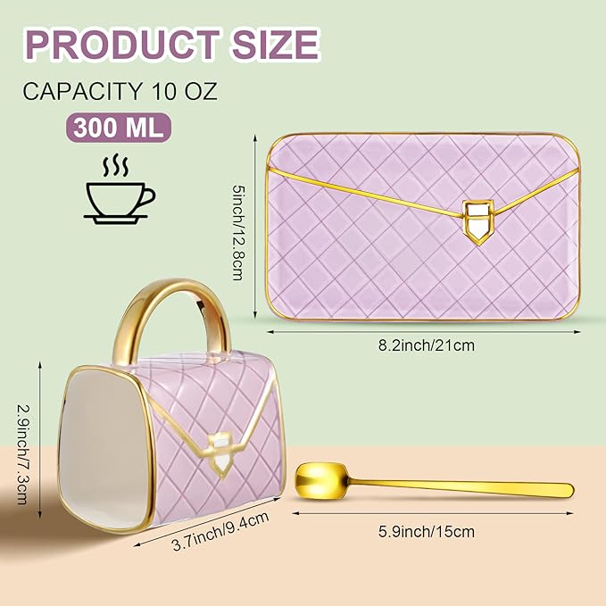 Zubebe 1 Set Coffee Mug Elegant Handbag Shaped Cup Valentine's Day Modern Ceramic Purse Mug with Spoon and Saucer, 10oz Cute Creative Tea Cup for Woman Girls Gift (Purple)