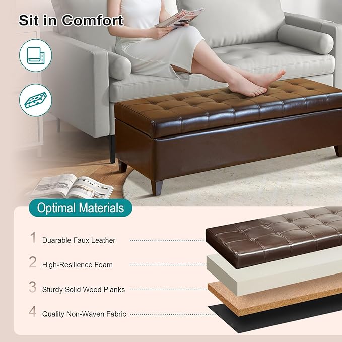 DECO DE VILLE Ottoman with Storage, 51 Inch Large Ottomans Storage Bench,Faux Leather Upholstered End of Bed Bench with Hinged Lid, Long Foot Rest Stool for Living Room Bedroom, Brown