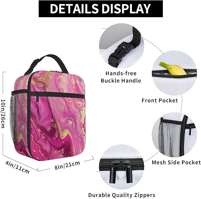 VANZEV Insulated Lunch Box for Women Men, Art Pink Marble Theme Lunch Box Reusable Portable Lunch Bag Cooler Tote Waterproof Lunch Container for Office Picnic Work Travel