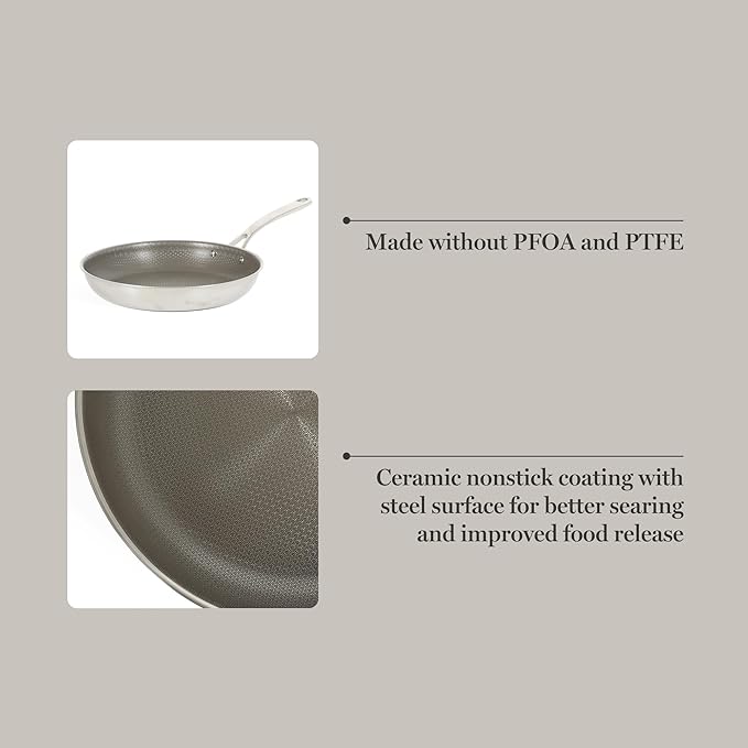 Martha Stewart Badgley Hybrid Nonstick 11 Inch TriPly Stainless Steel Large Fry Pan & Stay Cool Handle - Laser Etched Non-Toxic Perfect Sear Nonstick Skillet - Dishwasher and Induction Safe