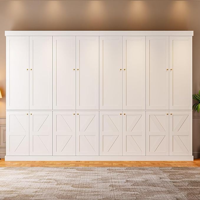 Vyre 70.8" Tall Bookshelf with Doors, Farmhouse Modular Bookcase with 4-Tier Adjustable Shelves, Large Storage Cabinet for Home Office, Living Room, Set of 2竊?White