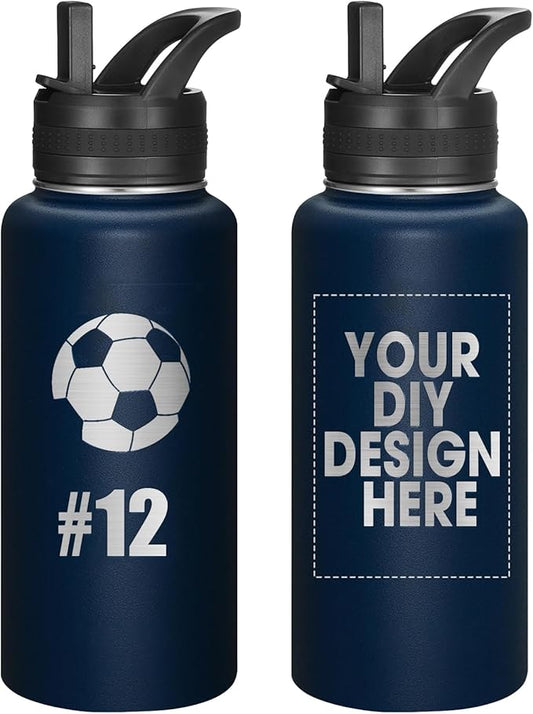 Personalized Laser Engraving Custom Water Bottle Print in USA 32oz Double Wall Stainless Steel Leakproof Wide Mouth Cup with Flip Straw