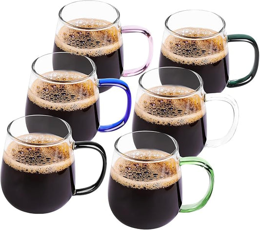 glass coffee mugs set of 6, clear coffee mug，Multi-coloured handles for easy differentiation ，borosilicate coffee glasses with handle16 oz ，Can be used as a gift…