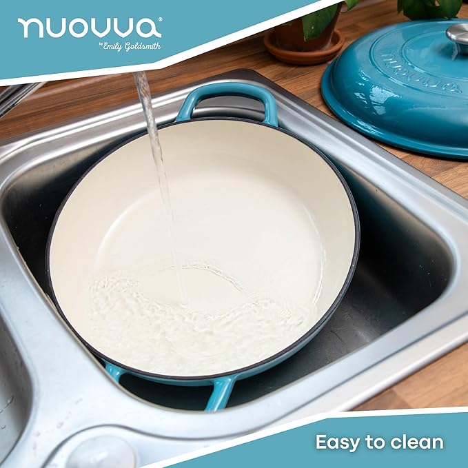 Shallow Cast Iron Casserole with Lid ??Non Stick Dutch Oven Pot, Oven Safe up to 500째 F ??Sturdy Ovenproof Stockpot Cookware ??Enamelled Cooking Pot ??Blue, 5-Quart, 32cm ??by Nuovva
