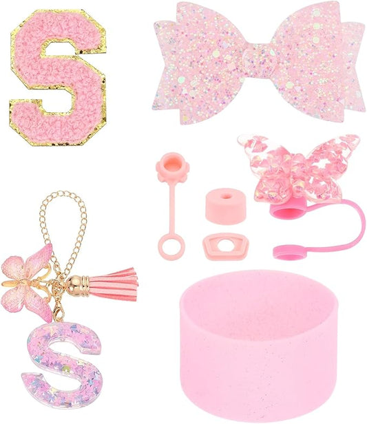 uxcell 8Pcs Cup Accessories Set for Cup Tumbler with Handle, Including Silicone Straw Cover, Boot, Spill Proof Stopper, Handle Charm, Initials Sticker(Letter S, Pink)