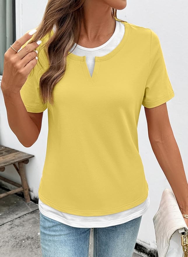 SHEWIN Womens Tops Casual Crewneck Color Block Short Sleeve Mock Double Layer T-Shirt Summer Outfits for Women 2026