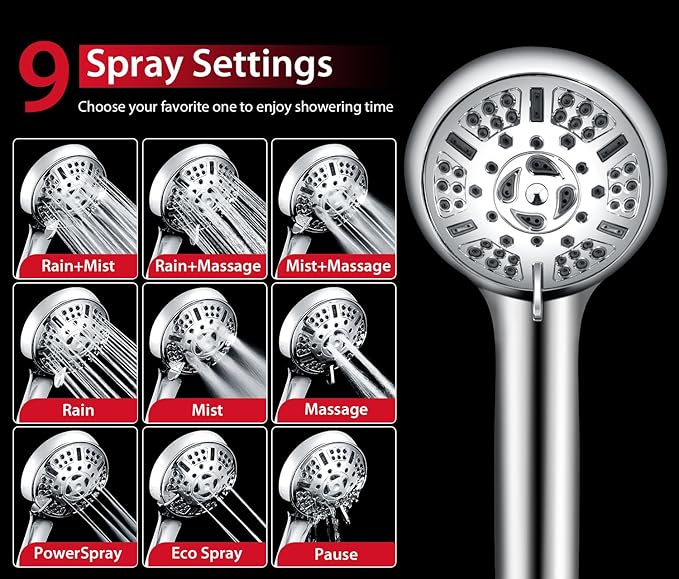 GRICH Shower Head with Handheld Spray Combo: 2 in 1 Rainfall Shower Heads high pressure & Handheld Shower Head, 9 Spray Modes/Settings Detachable Shower Head with Hose cUPC and CEC Certification