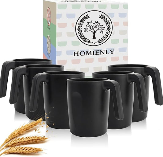 Homienly Unbreakable Coffee Mug Set - 6 Wheat Straw Reusable Cups | Dishwasher Safe Drinking Glasses | Alternative to Plastic Mugs & Glass Cups 16 oz for Camping, Kitchen (Black)