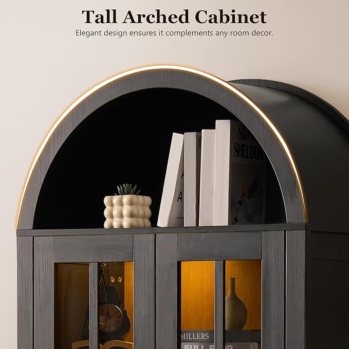 71" Tall Arched Cabinet with Glass Doors, Wood Kitchen Pantry with LED Sensor Lights, Farmhouse Freestanding Versatile Cupboard for Living Room,Dining Room,Home Office, Black