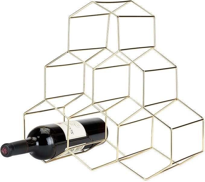 Viski Geo Countertop Wine Rack Freestanding, 6 Wine Bottle Holder for Wine Storage, Kitchen Decor, Wine Pantry Storage, 14.25", Gold