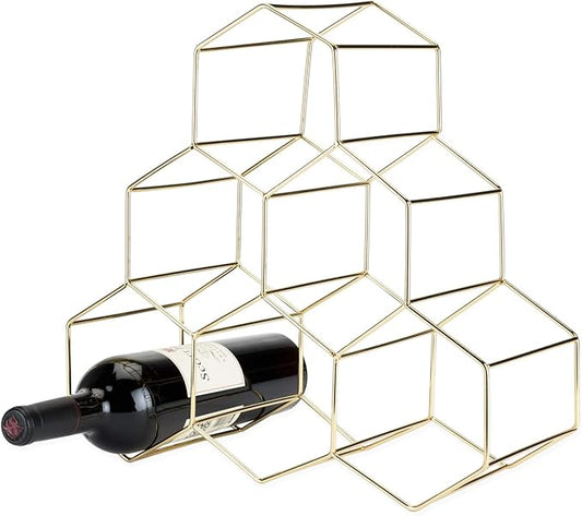 Viski Geo Countertop Wine Rack Freestanding, 6 Wine Bottle Holder for Wine Storage, Kitchen Decor, Wine Pantry Storage, 14.25", Gold