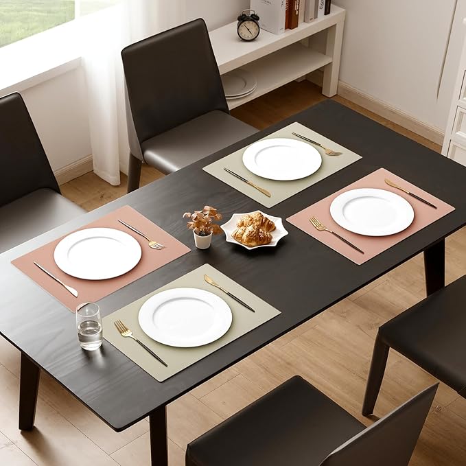 MOSAYT Vinyl Placemats Set of 4, Heat Resistant Place Mats 100% Waterproof Washable & Wipeable Faux Leather Reversible Table Mats for Kitchen Dining Party Indoor Outdoor, 12" x 17", Beige/Pink