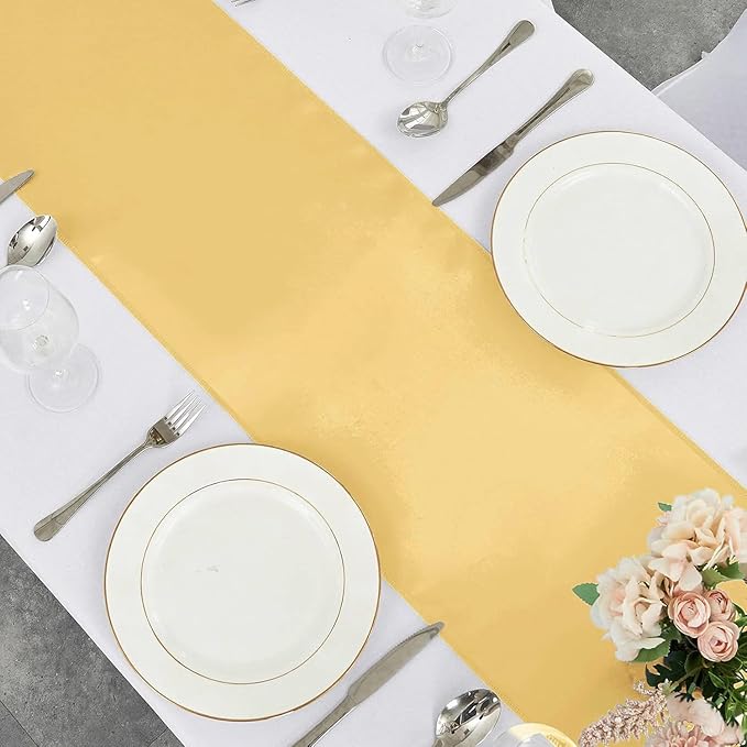 10-Pack Light Gold Satin Table Runner 12 x 108 Inch Long Bright and Smooth Silk Fabric Table Runner for Wedding Banquet Birthday Party Decoration