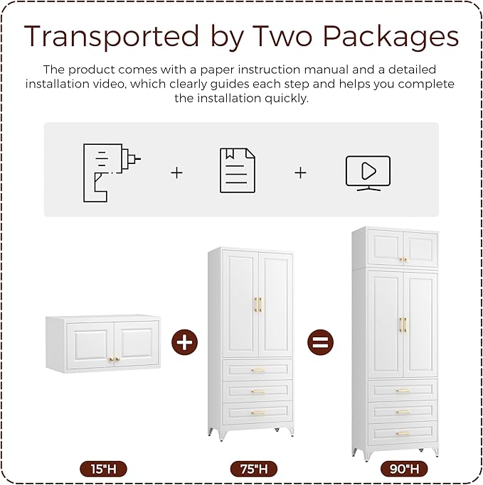 Metal Storage Cabinet, 90" White Pantry Cabinet with 4 Doors and 4 Adjustable Shelves, Tall Cabinets with 3 Drawers for Dinning Living Room and Dining Room