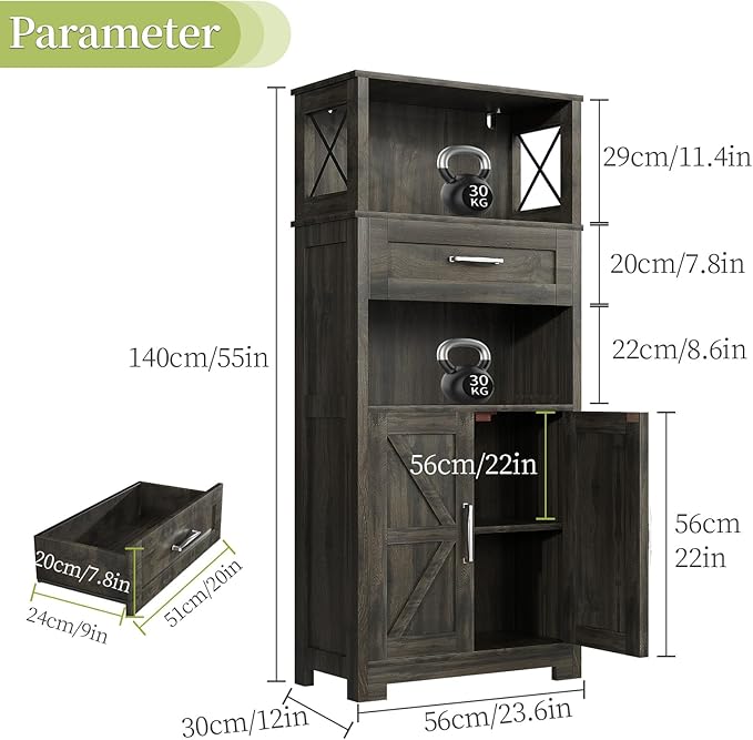 55" Tall Kitchen Pantry, Farmhouse Storage Cabinet with Doors, Shelves and Drawer, Rustic Wood Cupboard for Kitchen, Dining Room (Ash Grey)