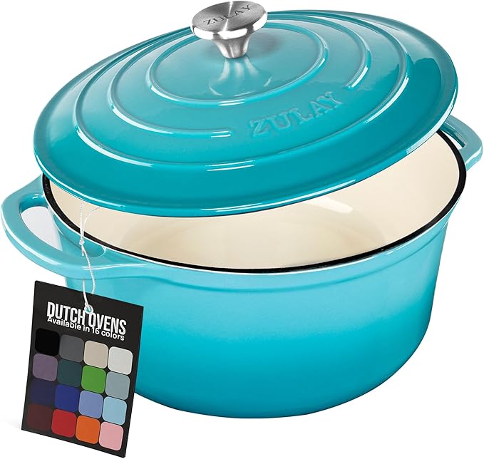 Zulay Kitchen 6 Quart Enameled Cast Iron Dutch Oven with Lid ??Premium Durability & Oven Safe up to 500째F ??Heavy Duty Cookware Perfect for Bread Baking, Stews, Braising & Roasting ??Light Blue