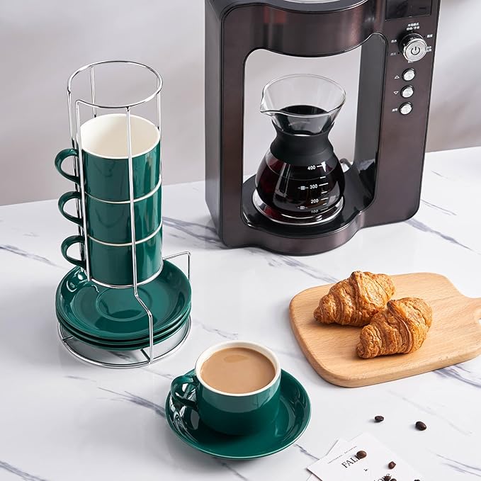 8oz Porcelain Cappuccino Cups with Saucers and Metal Stand, Stackable Coffee Cups for Specialty Coffee Drinks, Cappuccino, Latte, Espresso, Americano and Tea - Cups Set of 4, Green