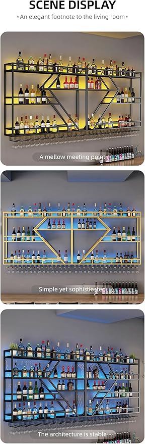 59 Inch Modern Wall Mounted Wine Rack with LED Light, Large Metal Bar Shelves for Liquor Bottles, Stylish Wall Wine Rack Storage Organizer for Dining Room & Home Bar(Black-Blue Led, 59in)