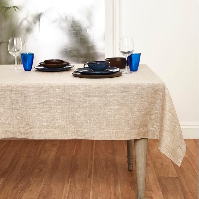 Solino Home Linen Tablecloth 60 x 132 Inch - 100% Pure Linen Champagne Beige Table Cloth for Rectangle Tables - Athena, Machine Washable Tablecloth for Spring, Easter
