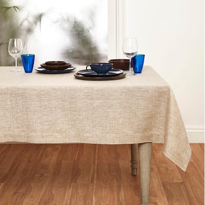 Solino Home Linen Tablecloth 60 x 144 Inch - 100% Pure Linen Champagne Beige Table Cloth for Rectangle Tables - Athena, Machine Washable Tablecloth for Spring, Easter