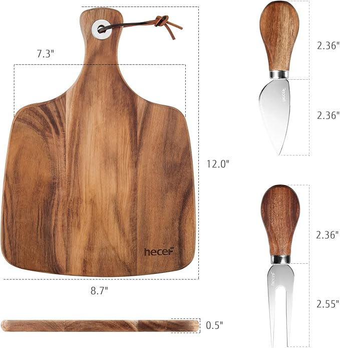 hecef Cheese Board set of 3,a Acacia Wood Cheese Plate, a Knife, a Fork, Charcuterie Board Platter Slate Serving Set for Appetizer Birthdays, Weddings, Housewarming (Cheese board with 2 knives)