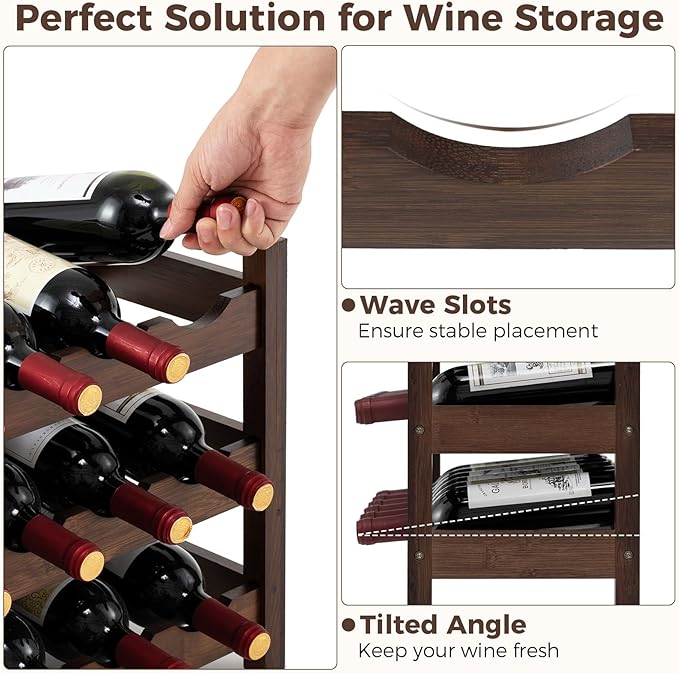 COSTWAY 3-Tier Bamboo Wine Rack, 18-Bottle Tabletop Wine Holder with Wave Slot, Freestanding Countertop Wine Bottle Organizer for Kitchen, Pantry, Pub & Wine Cellar, Brown (24.5L x 9.5W x 15H)