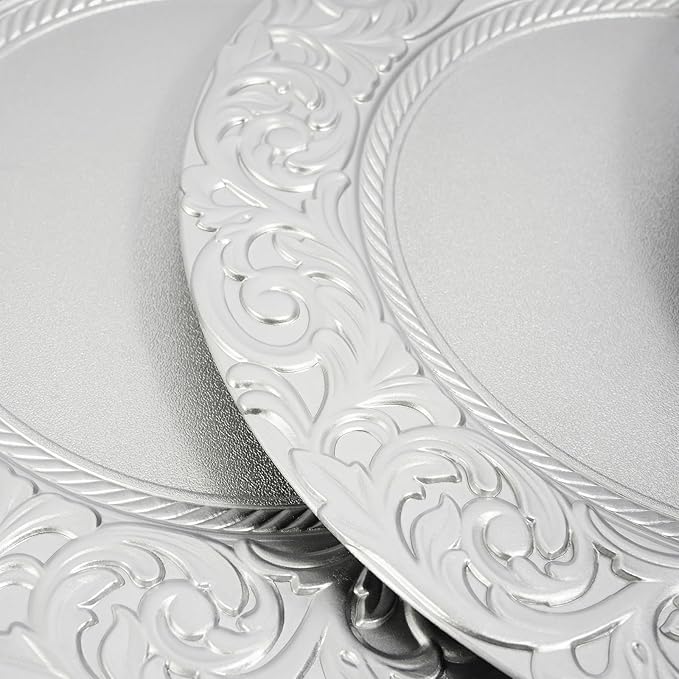 150pcs Silver Charger Plates, 13" Round Reusable Decorative Flower Relief Carving Bulk Chargers for Dinner Plates, Wedding, Bridal Shower