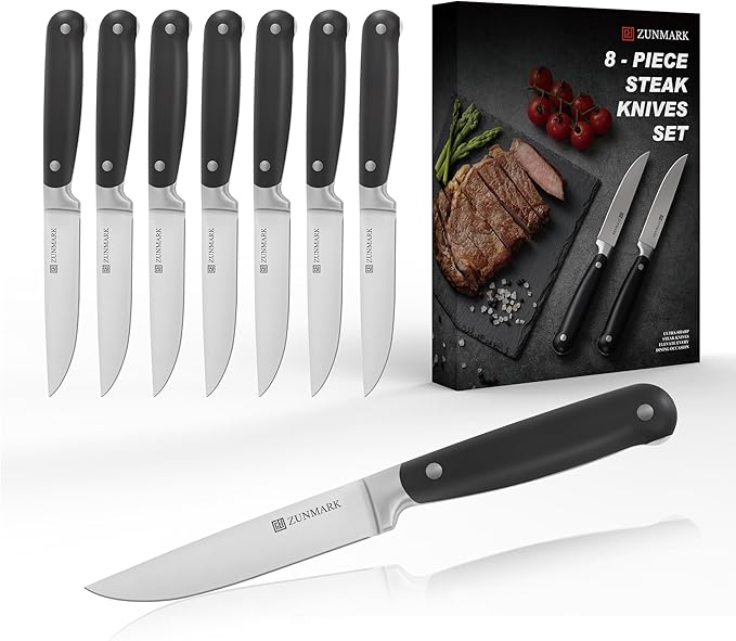 Skylark Series Steak Knives Set of 8 ??Forged High-Carbon X50CrMoV15 Steel Straight Edge, 4.5" Full Tang Kitchen Knives, One-Piece Design